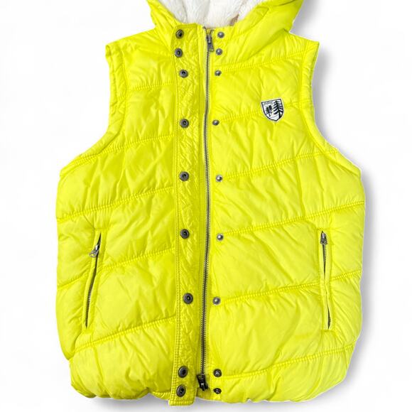 American Eagle Puffer Vest Hooded Sherpa Lined Plaid Y2K Gorpcore Neon Yellow M - Picture 4 of 12